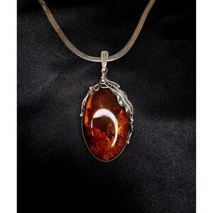 Vintage Genuine Amber Pendant Necklace Sterling Silver 925